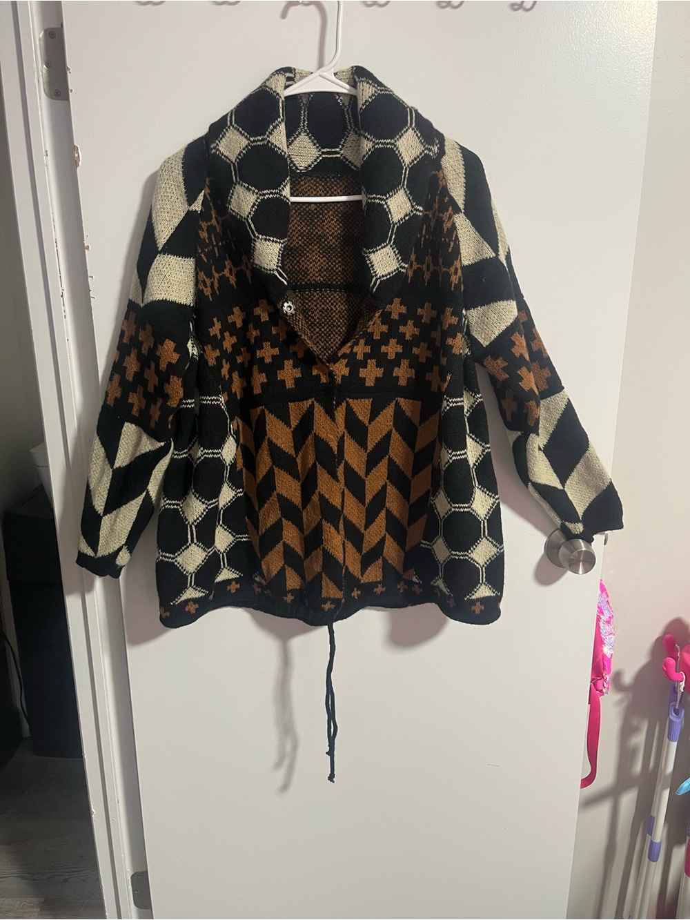 Amazon Geometric Knit Sweater in Black, Cream & Brown with Snap Button Closure
